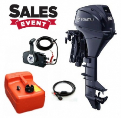 SALE!! 9.8HP Tohatsu Short Shaft Electric Start POWER TILT Remote Control 4-Stroke Outboard Motor with 12L Tank & Line image