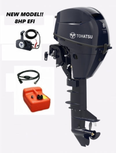 8HP Tohatsu Long Shaft EFi Electric Start 4-Stroke Outboard Motor with Remotes, 12L Fuel Tank & Line image