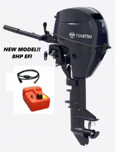 8HP Tohatsu Long Shaft EFi Manual Start Tiller Control 4-Stroke Outboard Motor with 12L Fuel Tank & Line image